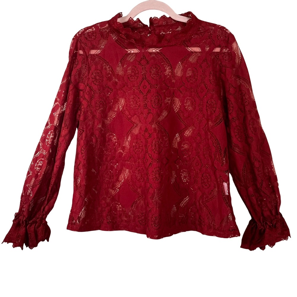 Floral Lace Mock Neck Long Sleeve Blouse Women's Size L Flared Cuff Top Coquette
